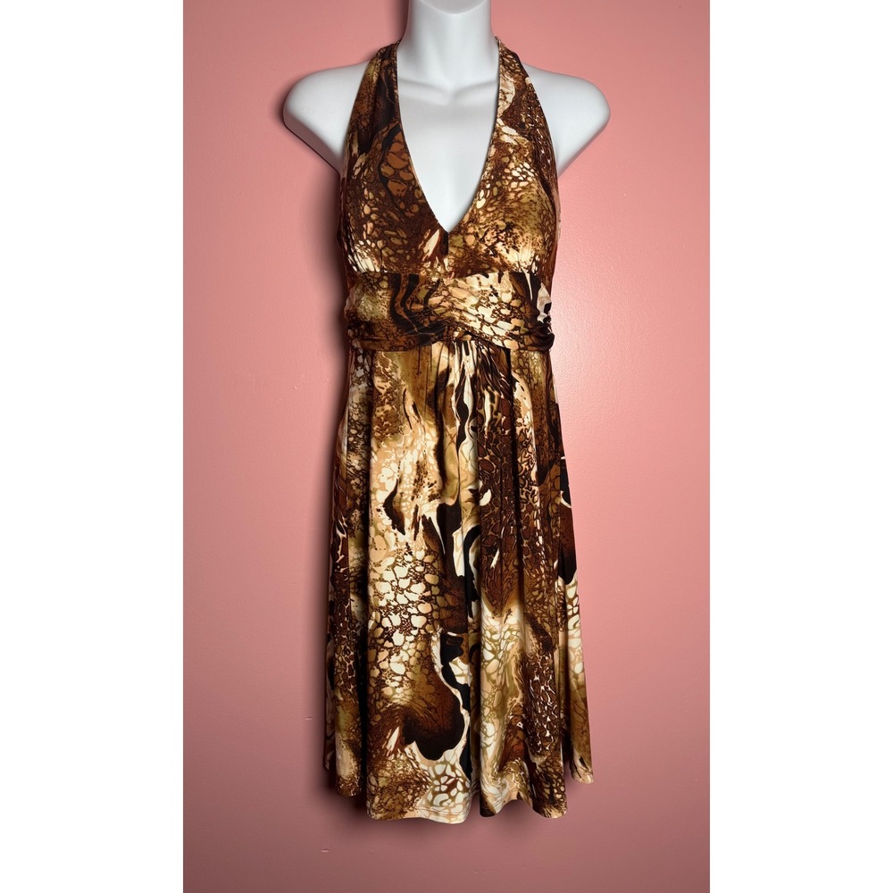 Y2K‎ CristinaLove Halter Dress Women Size L Brown Animal Print Beaded Boho